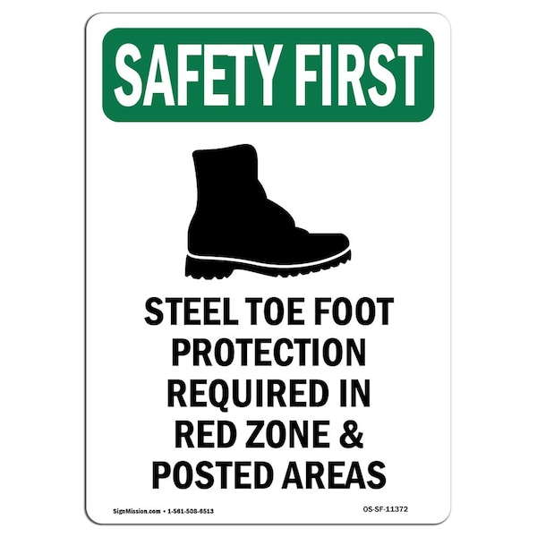 OSHA Sign, Steel Toe Foot Protection W/ Symbol, 18in X 12in Decal, 12" W, 18" H, Portrait